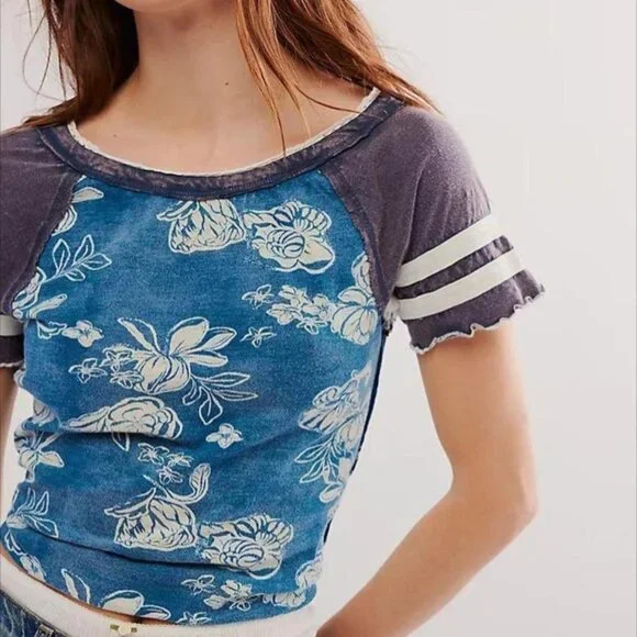 Free People Wish You Were Here Raglan Floral Tee in Blue Teal Women's XS - Picture 1 of 11
